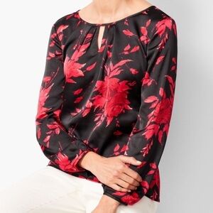 TALBOTS Black Red Floral Long Sleeve Blouse size PL